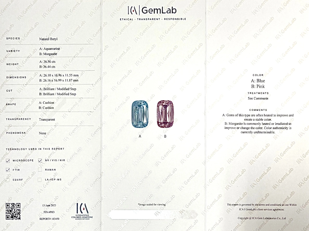 Natural Aquamarine & Morganite Reverse Pair Total 73 Carats ICA Certified — view 3