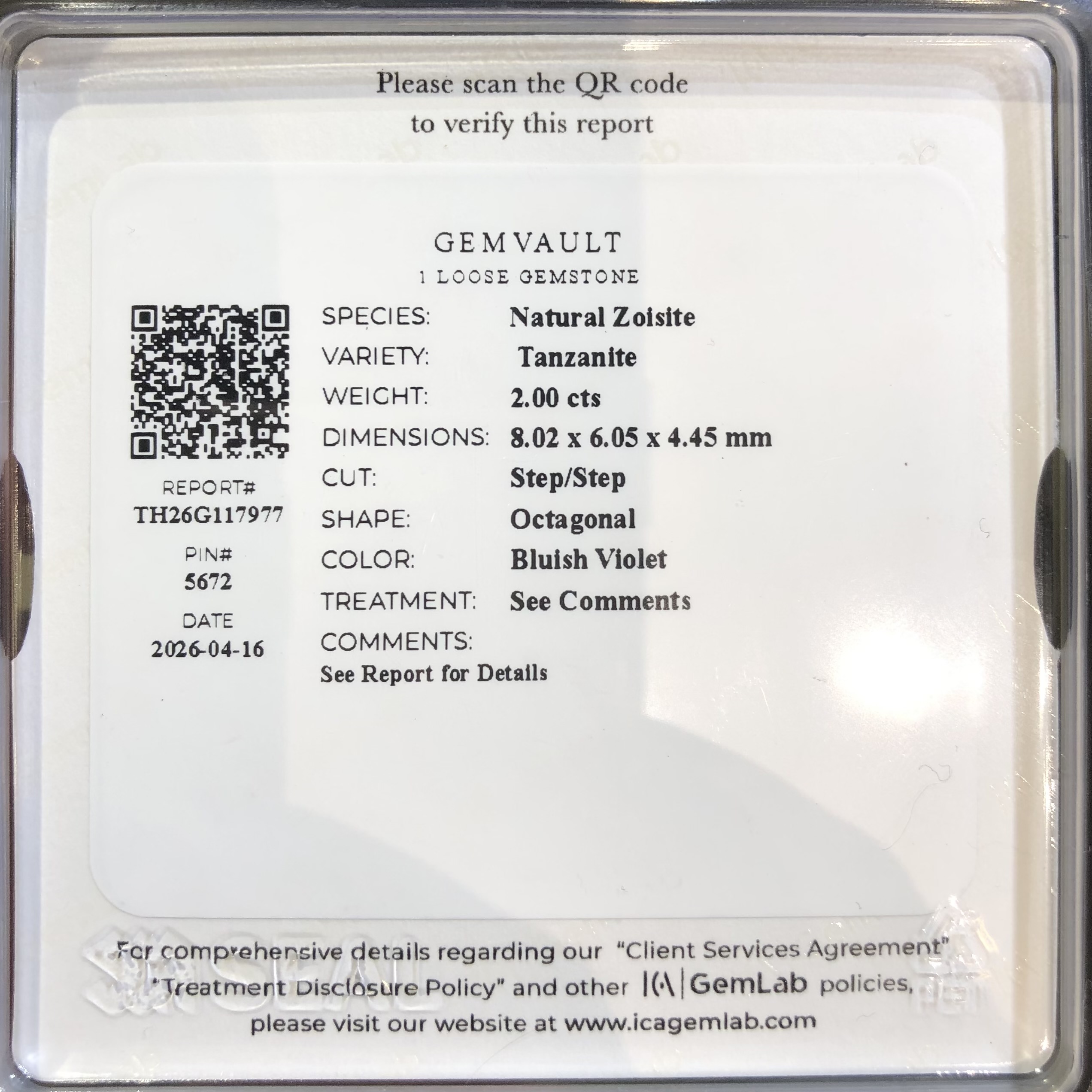 2.00 Carats Tanzanite ICA Certified — view 7