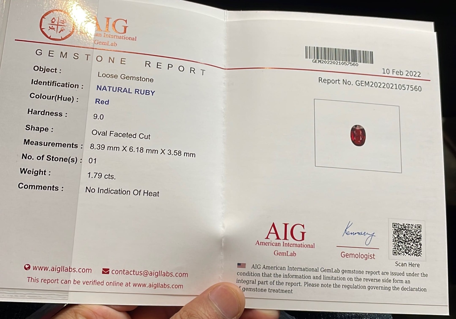 1.79 Carats Natural  Red Ruby — view 3