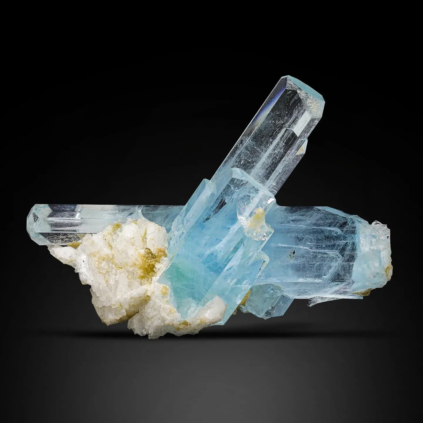 Aggregate Of Gem Blue Aquamarine Crystals On Albite From Pakistan — view 2