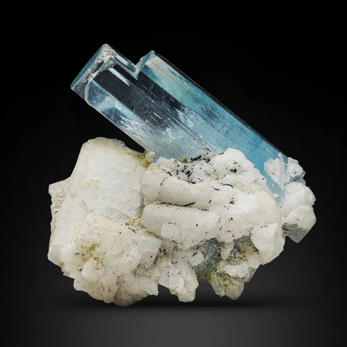 Vibrant Blue Gem Aquamarine Crystal Specimen On Albite From Pakistan — view 2