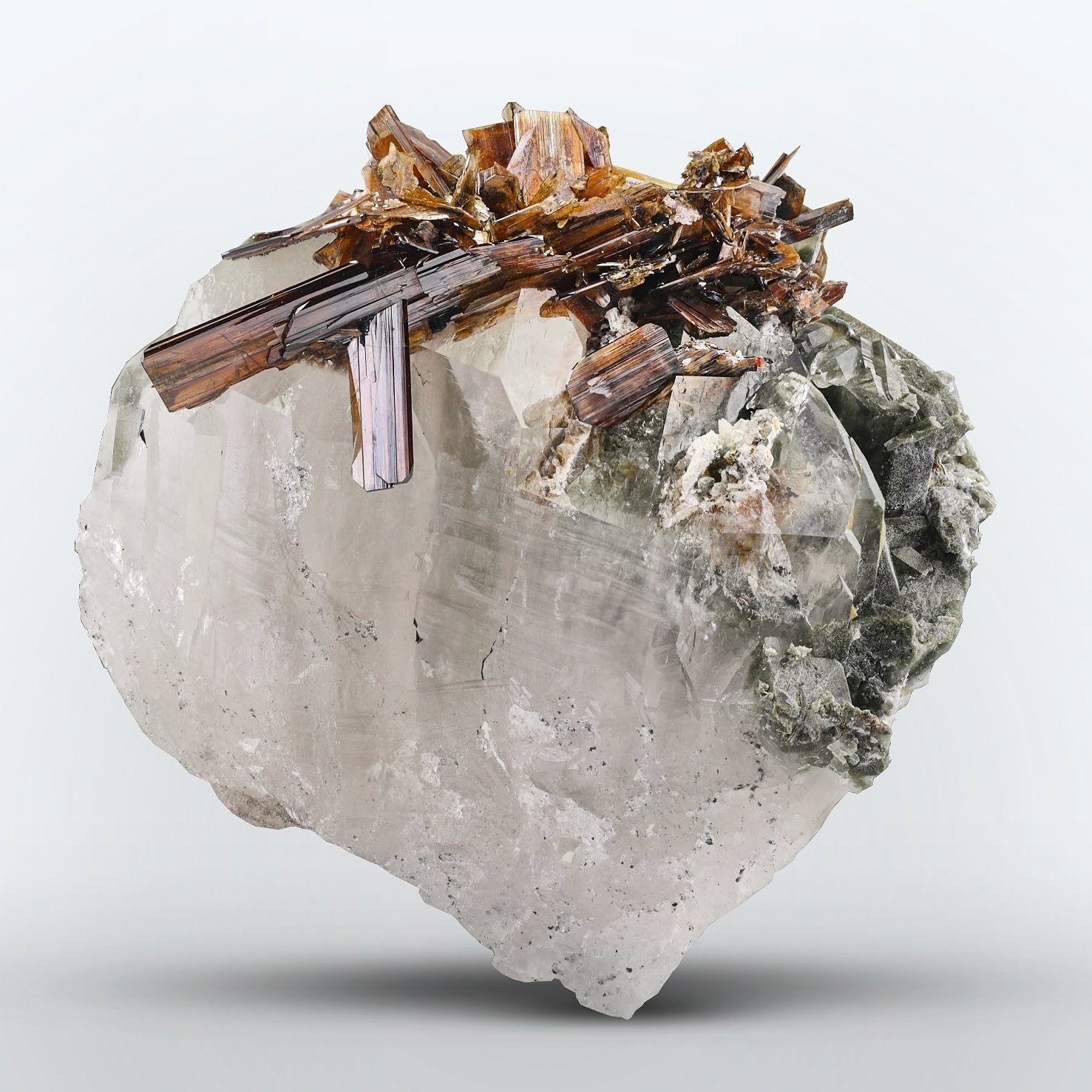 red gem Brookite crystal cluster on Chlorite Quartz from Pakistan — view 1