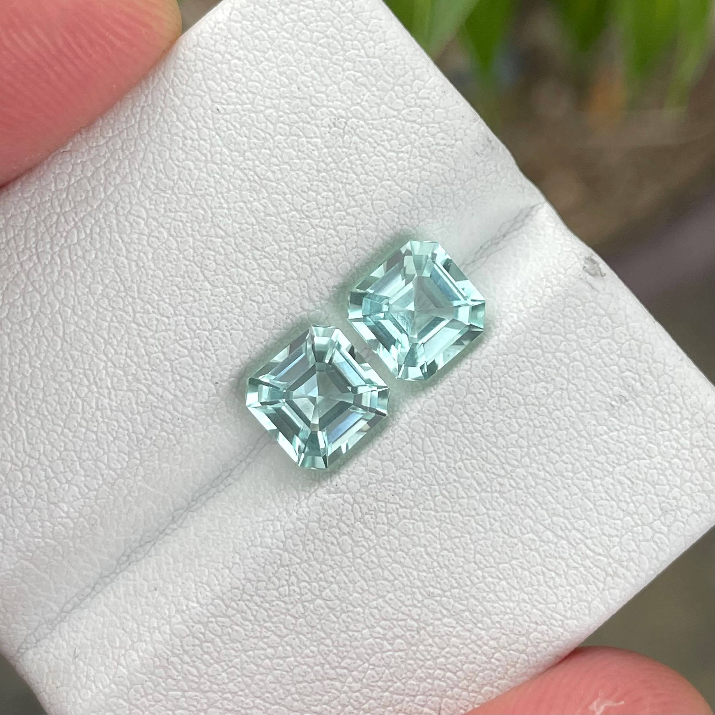 3.51 carats Sea foam Aquamarine Pair Asscher Cut Natural Afghan Gemstone — view 1