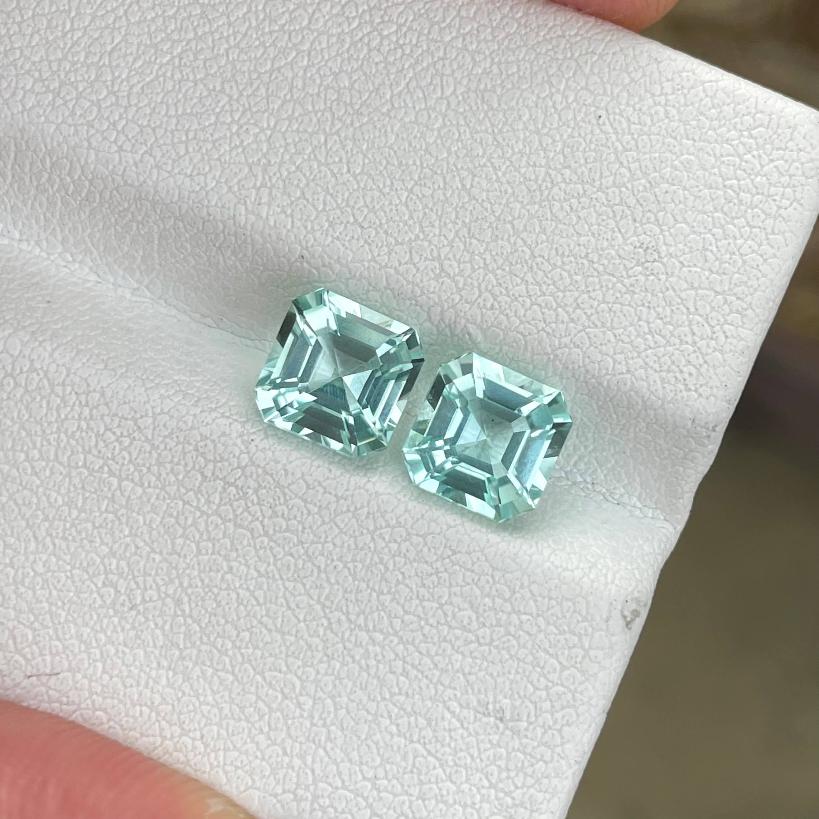 3.51 carats Sea foam Aquamarine Pair Asscher Cut Natural Afghan Gemstone — view 2