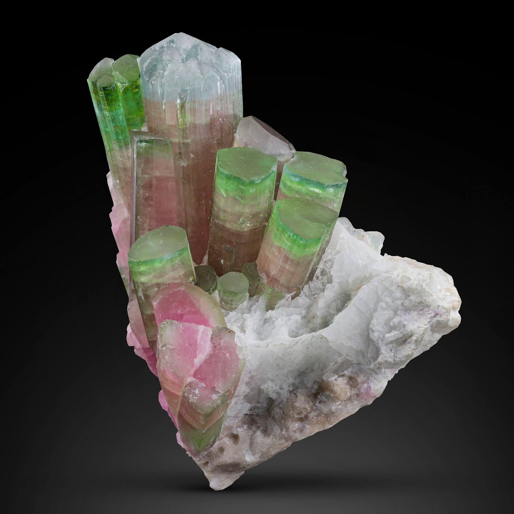 colorful cluster of Tourmaline crystals on Albite matrix From Afghanistan — view 1