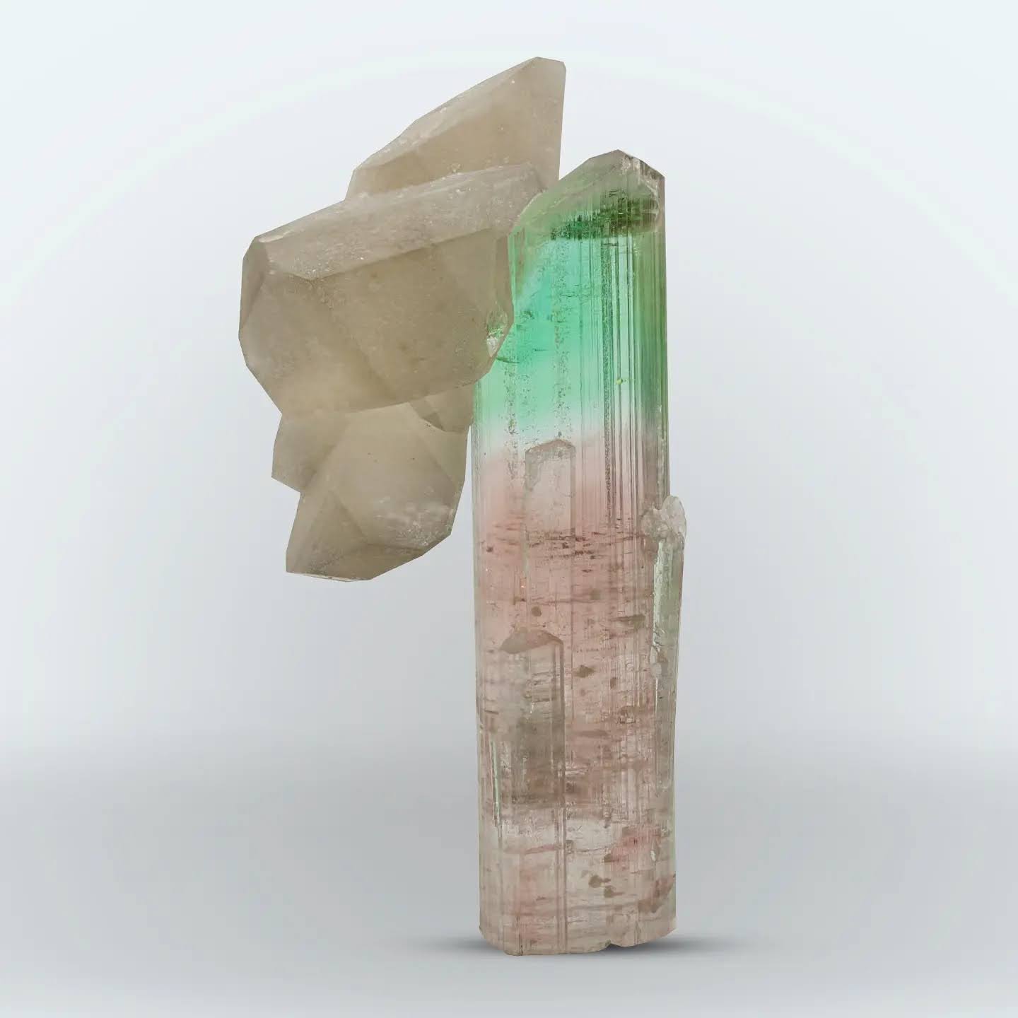 35 gram Artistic Smoky Quartz perched on Bi color Tourmaline From Afghanistan — view 1