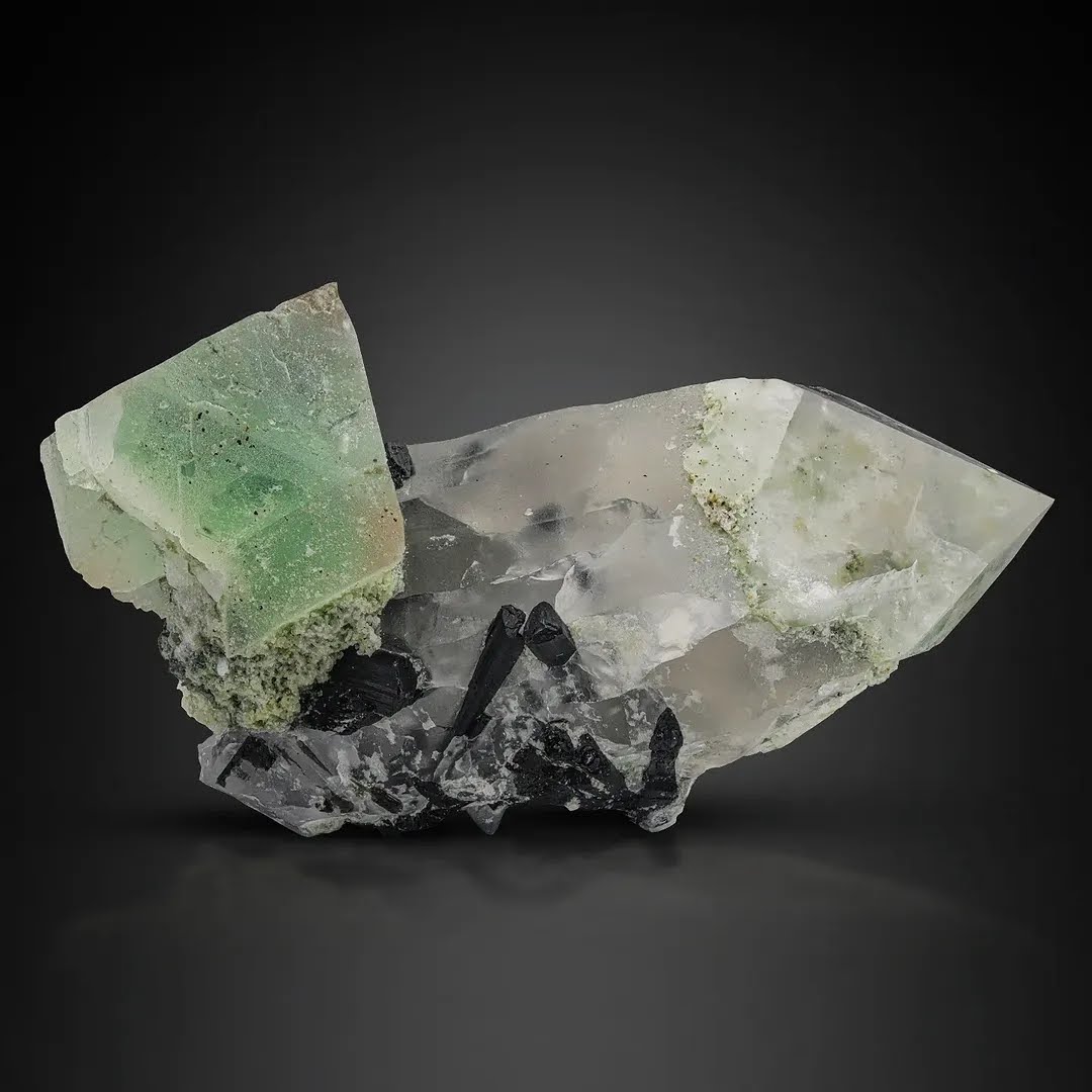 363 Grams Green Fluorite Focal Crystal on Quartz with Black Schorl from Pakistan — view 2