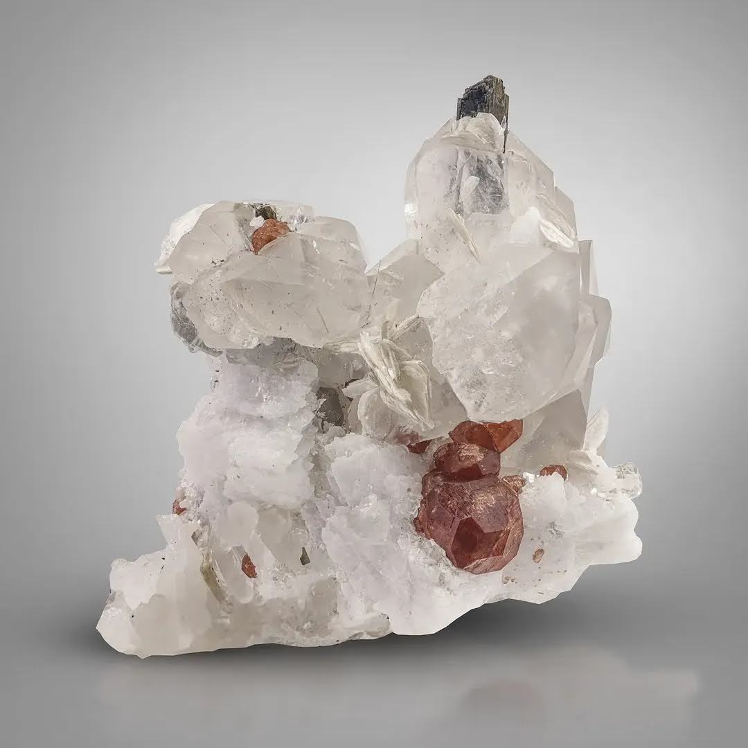 230 Grams Hassonite Garnet Crystals on Quartz with Schorl from Pakistan