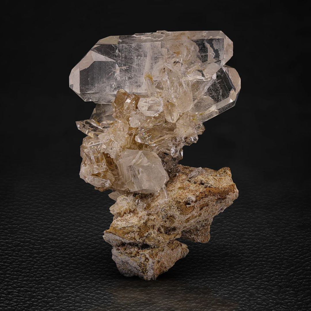 Double Terminated Faden Quartz Crystals on Calcite from Pakistan — view 2