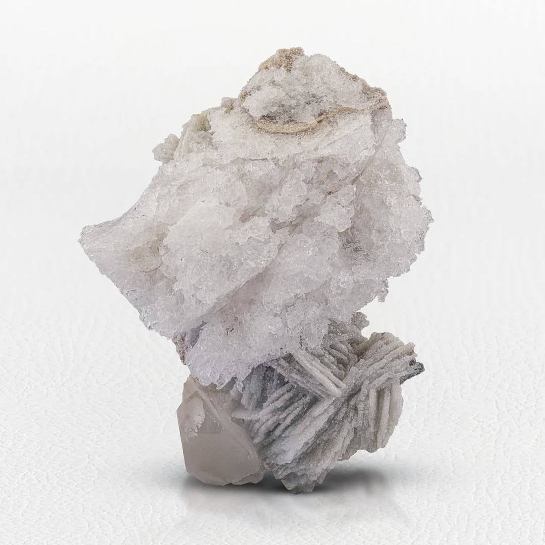 Rare Etched Pollucite Cluster on Quartz with Cleavelandite from Afghanistan — view 1