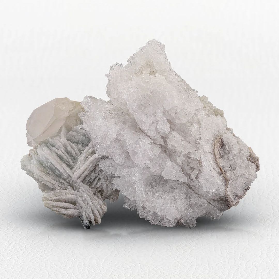 Rare Etched Pollucite Cluster on Quartz with Cleavelandite from Afghanistan — view 2