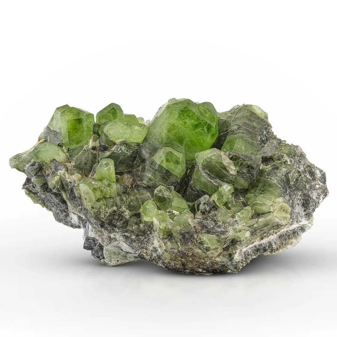 Impressive Apple Green Peridot Crystals Cluster on Matrix from Pakistan — view 1